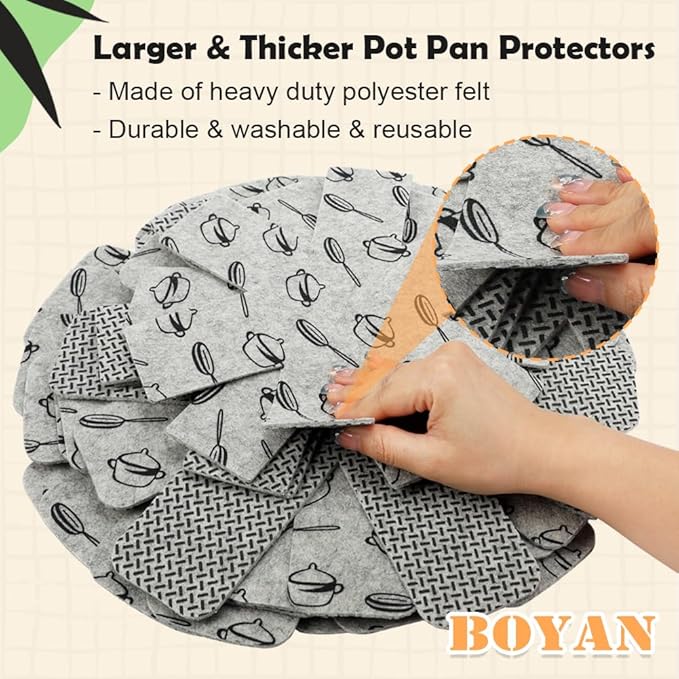 BOYAN Pot and Pan Protectors, Larger & Thicker Felt Pot Protectors for Stacking, Set of 12 & 3 Different Sizes, Cookware Accessories, Pan Separators for Stacking Skillet Ceramic Glassware