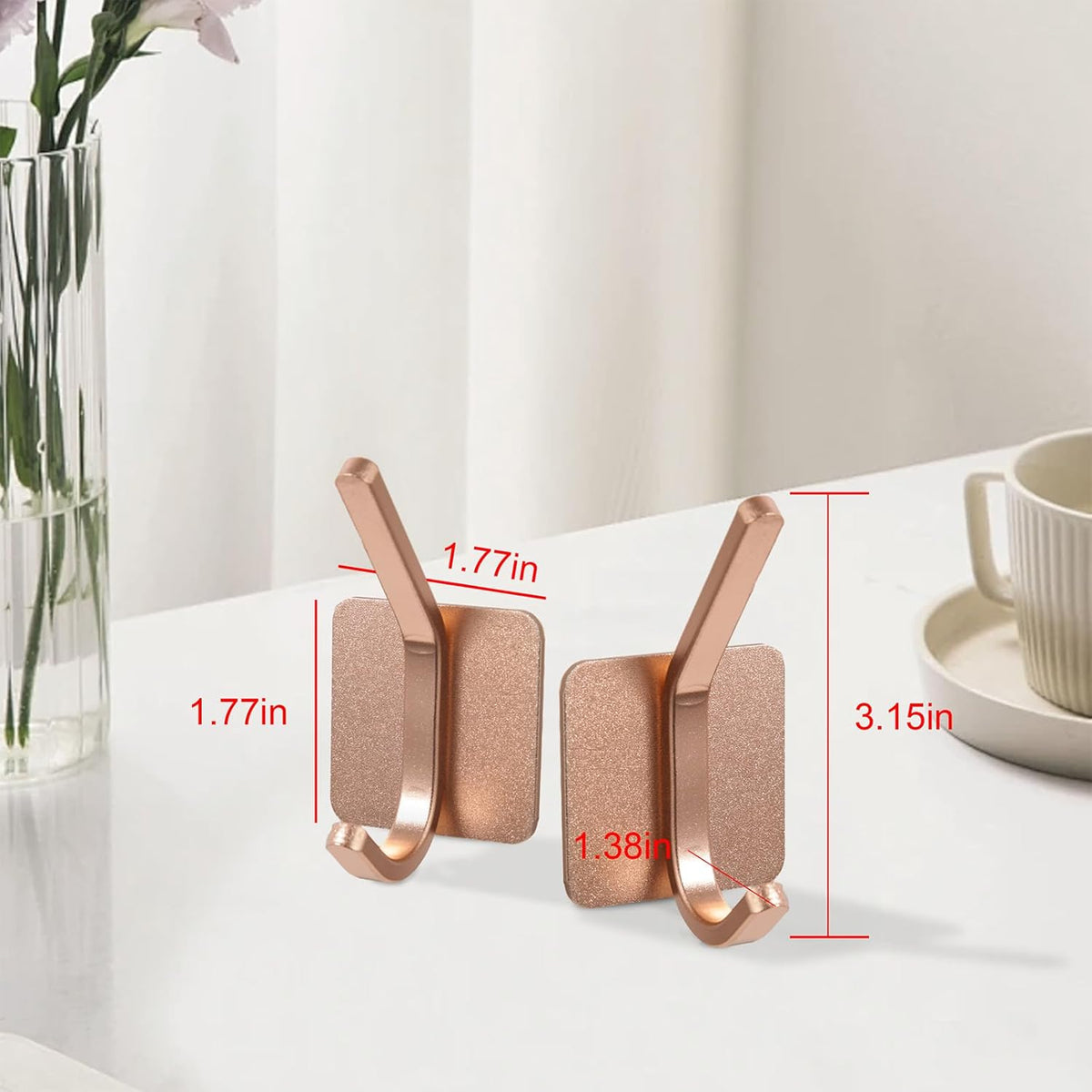 Aluminum Wall Hooks, No Drill Damage-Free Adhesive Hook, Product for Hanging Heavy Duty for Bathroom Kitchen Home (Double Square Rose Gold Hook, 4)