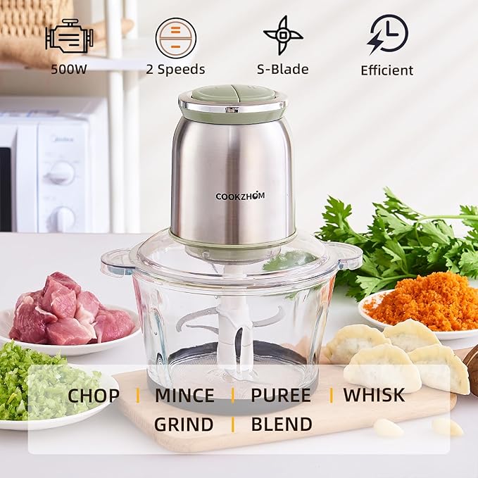 Silver Food Processor,500W Electric Meat Grinder with 8 Cup Glass Bowl and 4 Sharp Blades, Food Chopper & Vegetable Chopper for home use,Meat Processor, Vegetables, Fruits and Nuts