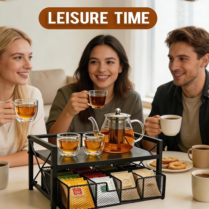 Tea Bag Organizer With Adjustable Drawer, Teabag Bar Holder Organizer For Counter, Wood ＆ Metal Station Storage Chest Display, Coffee Packet Containers Box For Countertop Kitchen Office Black