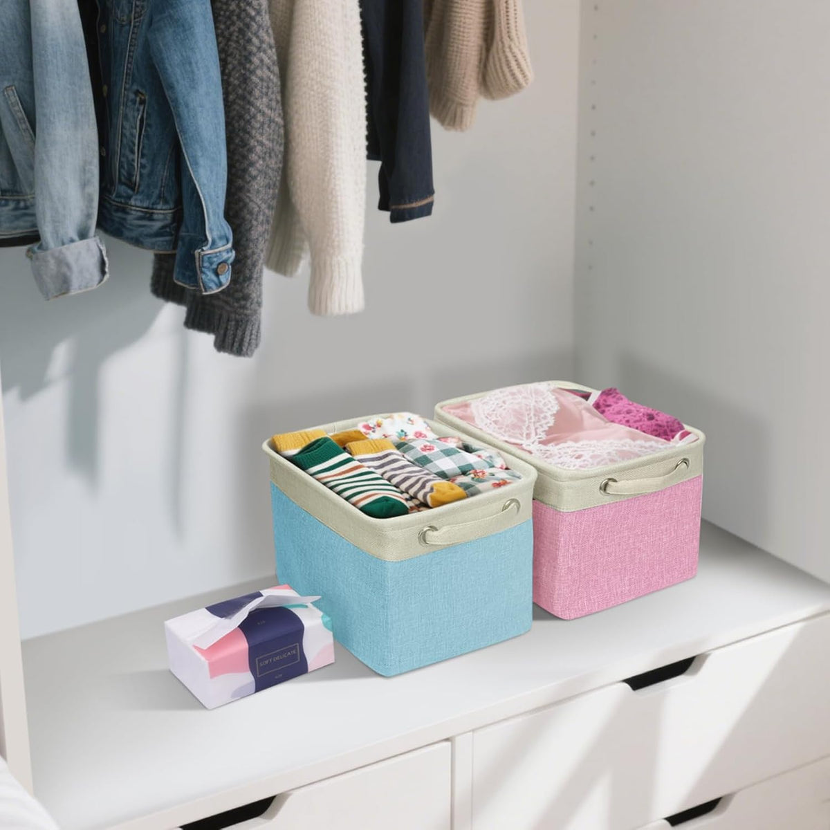BALEINE 3 Pack Fabric Storage Bins for Shelves, Linen Storage Baskets for Organizing, Decorative Closet Bins for Clothes, Home (Lavender, 12"x8"x8")
