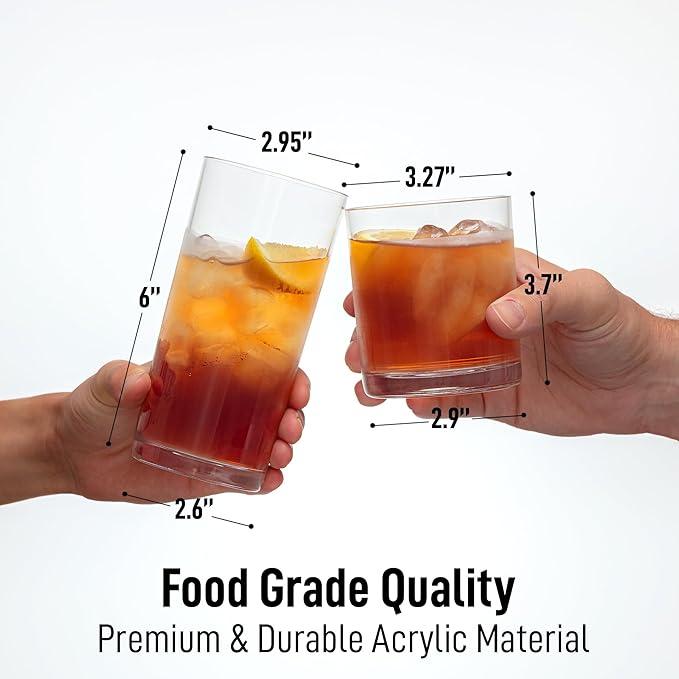 Zulay Kitchen Plastic Drinking Glasses (Set of 16) – Mixed 16oz & 12oz Acrylic Shatterproof Cups for Home, Kitchen & Outdoors – Crystal Clear Glass Look – BPA & Lead-Free – Top-Rack Dishwasher Safe