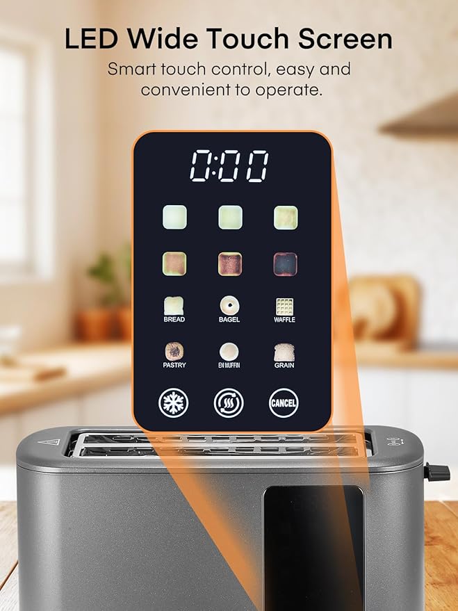 4 Slice Toaster Touch Screen Control, Long Extra Wide Slots Smart Bread Toaster, 6 Bread Types & 6 Shade Settings, Stainless Steel, with Removable Tray, Cancel/Defrost/Reheat Function, Grey