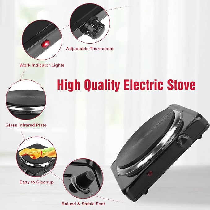 Electric Countertop Burner, 1500W Cooktop with Cast Iron Hot Plate, 5 Level Temperature Control, Easy to Clean, Indicator Lights, Cooking Stove for Office Home Camping RV
