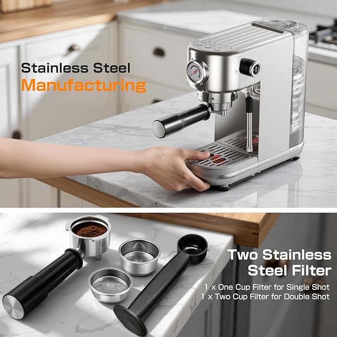 atatix Espresso Machine, 20 Bar Compact Espresso Coffee Machine with Milk Frother, Stainless Steel Coffee Maker with 44oz Removable Water Tank & Fast Heat System for Cappuccino, Latte