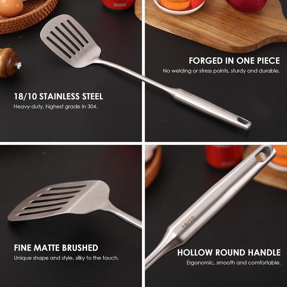18/10 Stainless Steel Kitchen Utensils Set - 15” All Metal Cooking Tools & Serving Utensils, 8 PCS - Solid Spoon, Slotted Spoon, Spatula, Ladle, Skimmer, Tunner, Spaghetti Spoon, Large Spoon Set