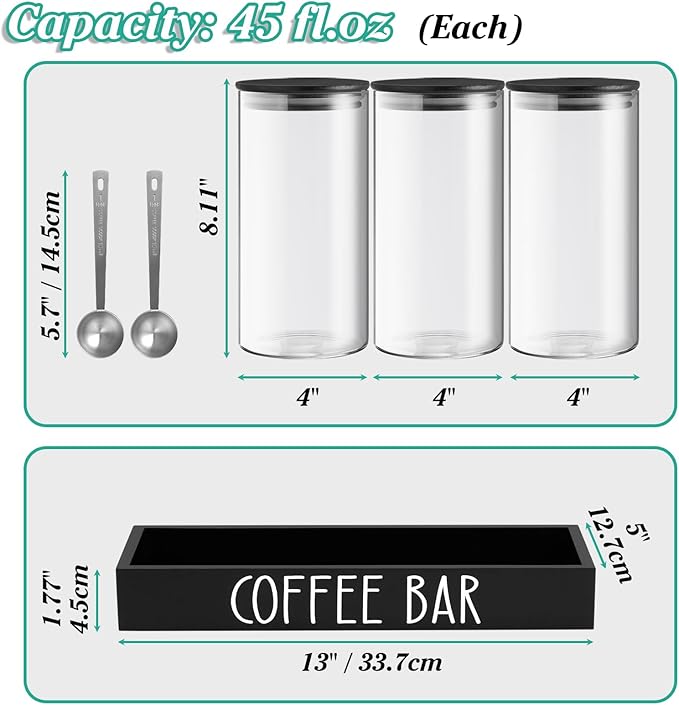 Glass Coffee Canister for Ground Coffee - 3Pcs 45oz Coffee and Sugar Container Set with Airtight Bamboo Lids and Black Tray - Farmhouse Coffee Bean Storage Jars for Coffee Bar Decor and Accessories