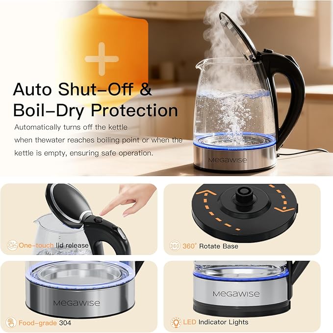 MEGAWISE 1.8L Healthy Electric Kettle, 1800W Borosilicate Glass Tea Kettle with Food Grade Material, Auto Shut-Off and Boil-Dry Protection Cordless Kettle Fast Boiling, BPA Free