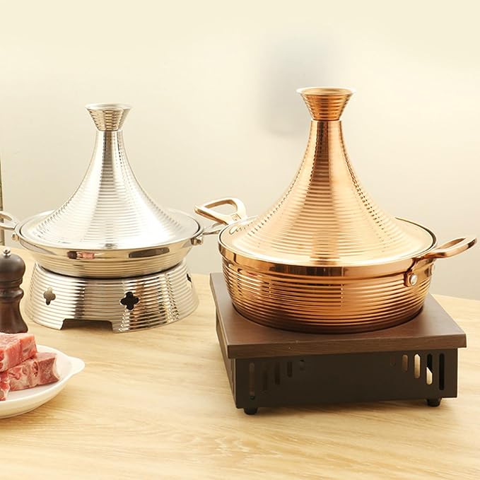 Moroccan Tagine Cooking Pot,Stainless Steel Non Stick Moroccan Casserole with 2 Handles,Large Moroccan Cooker Handmade Tagine Pot with Cone-Shaped Lid(25cm, Silver)