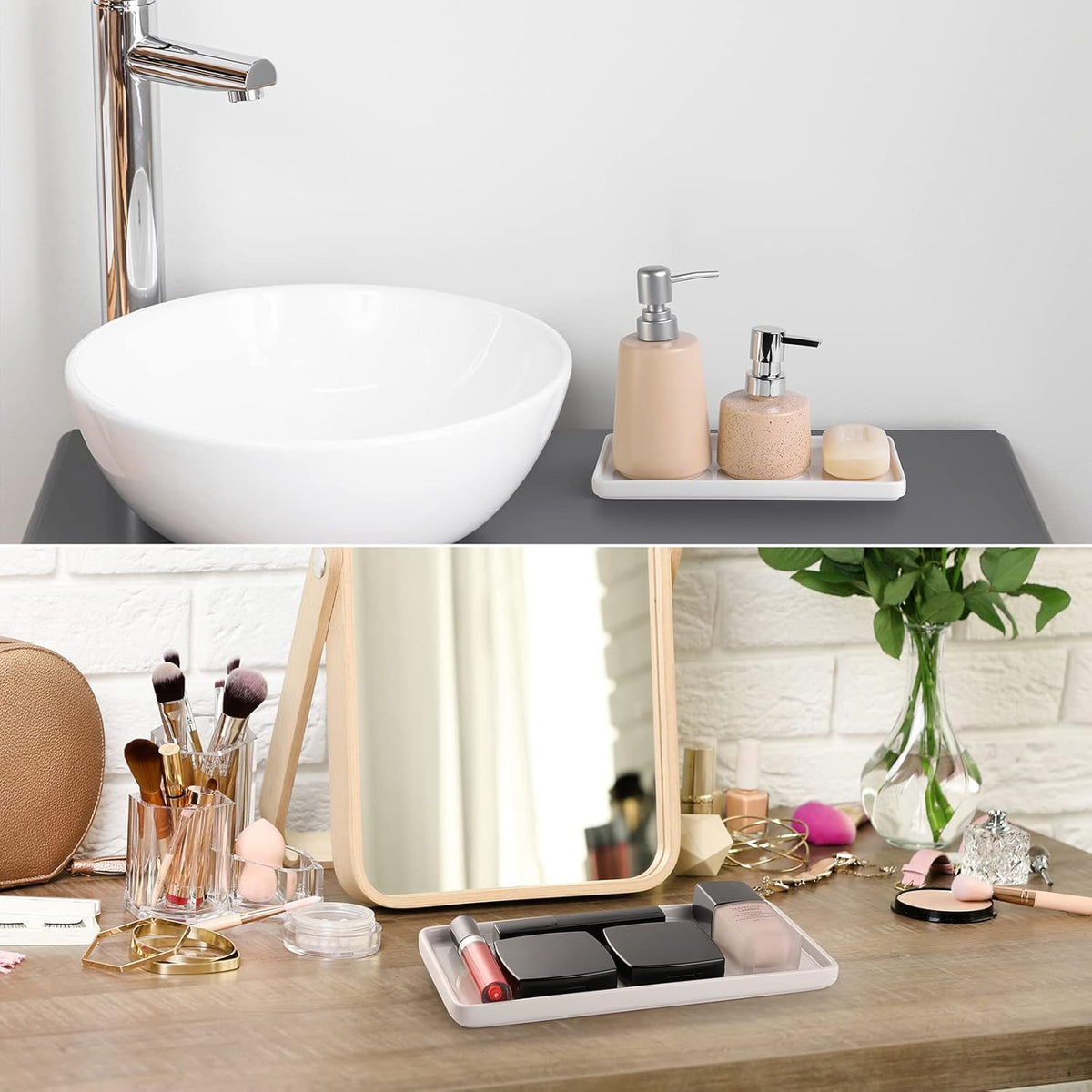 Gurygo 2 Pack 10" Bathroom Tray, Ceramic Vanity Trays for Bathroom, Small Ceramic Trays, Kitchen Soap Tray for Kitchen Counter (White, 10",Set/2)