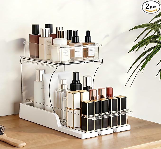 Attelite Makeup Organizer 2-Tier Makeup Storage Cosmetics Organizer with 180° Rotating Design Sturdy durable Versatile Perfume Vanity Organizer for Countertops, Bathrooms, Office Supplies,and Dressers
