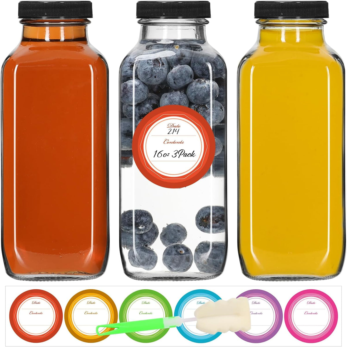 STARSIDE 16 oz Glass Juice Bottles with Lids 3 Pack - Square Reusable Drinking Jars for Juicing, Milk, Kombucha - Includes 1 Bottle Brush, 6 Colored Labels