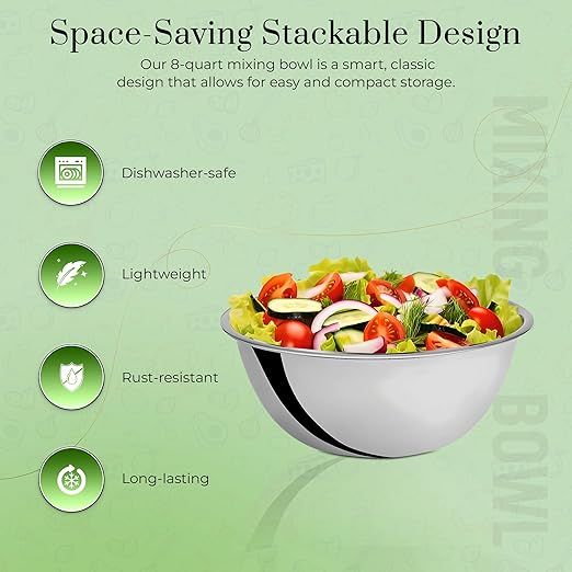 OCS Parts 8 Quart Mixing Bowls | Set of 2 | 13.25-Inch Stainless Steel Professional Grade Flat Base Mixing Bowls for Home and Commercial Kitchens