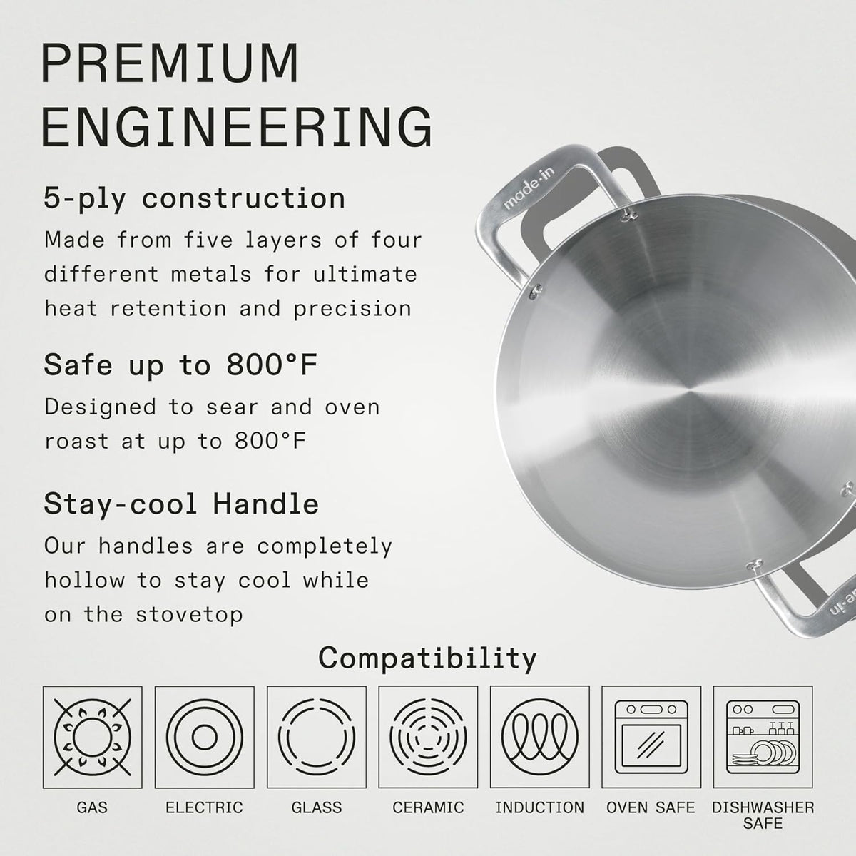 Made In Cookware - 10" Stainless Steel Kadai Pan - 5 Ply Stainless Clad - Professional Cookware - Induction Compatible