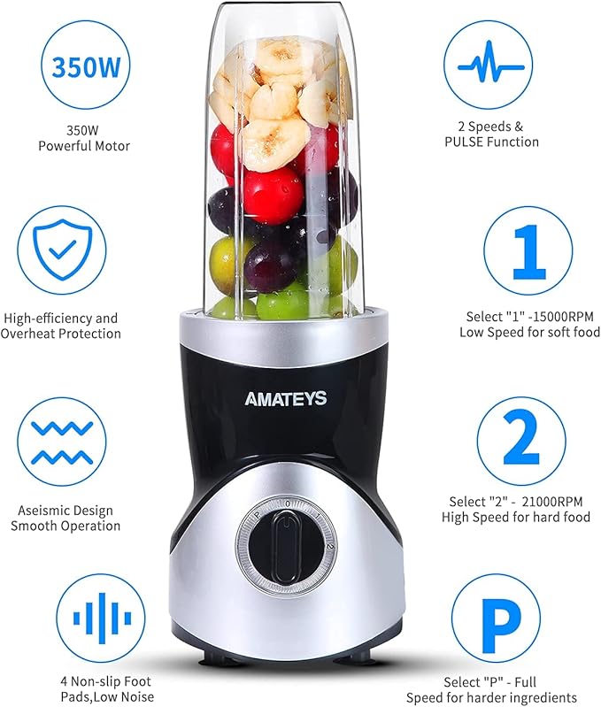 Amateys Personal Blender for Shakes and Smoothies,Professional Kitchenblender with Blending & Grinding Blades, Portable Coffee Grinder with 24/10 OZ Travel Bottles, Adjustable Speeds Juice Blender