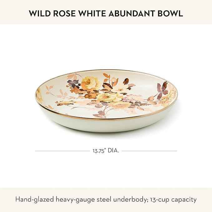 MACKENZIE-CHILDS Enamel Abundant Bowl, Decorative or Serving Bowl, 13-Cup Capacity, White Wild Rose
