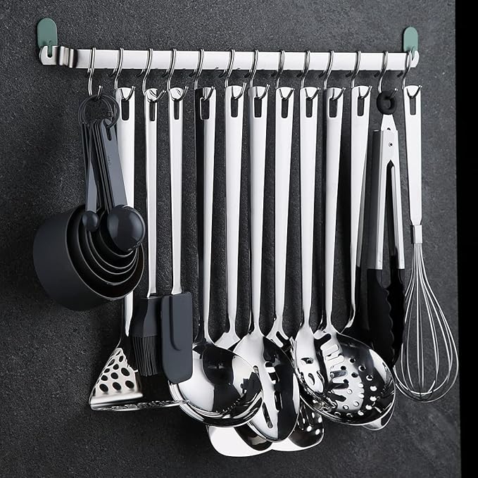 Kyraton Kitchen Utensil Rail Organizer - Wall Mounted Gourmet Rack With 14 Hooks for Hanging Knives, Mugs, Spatulas, Pots and Utensils