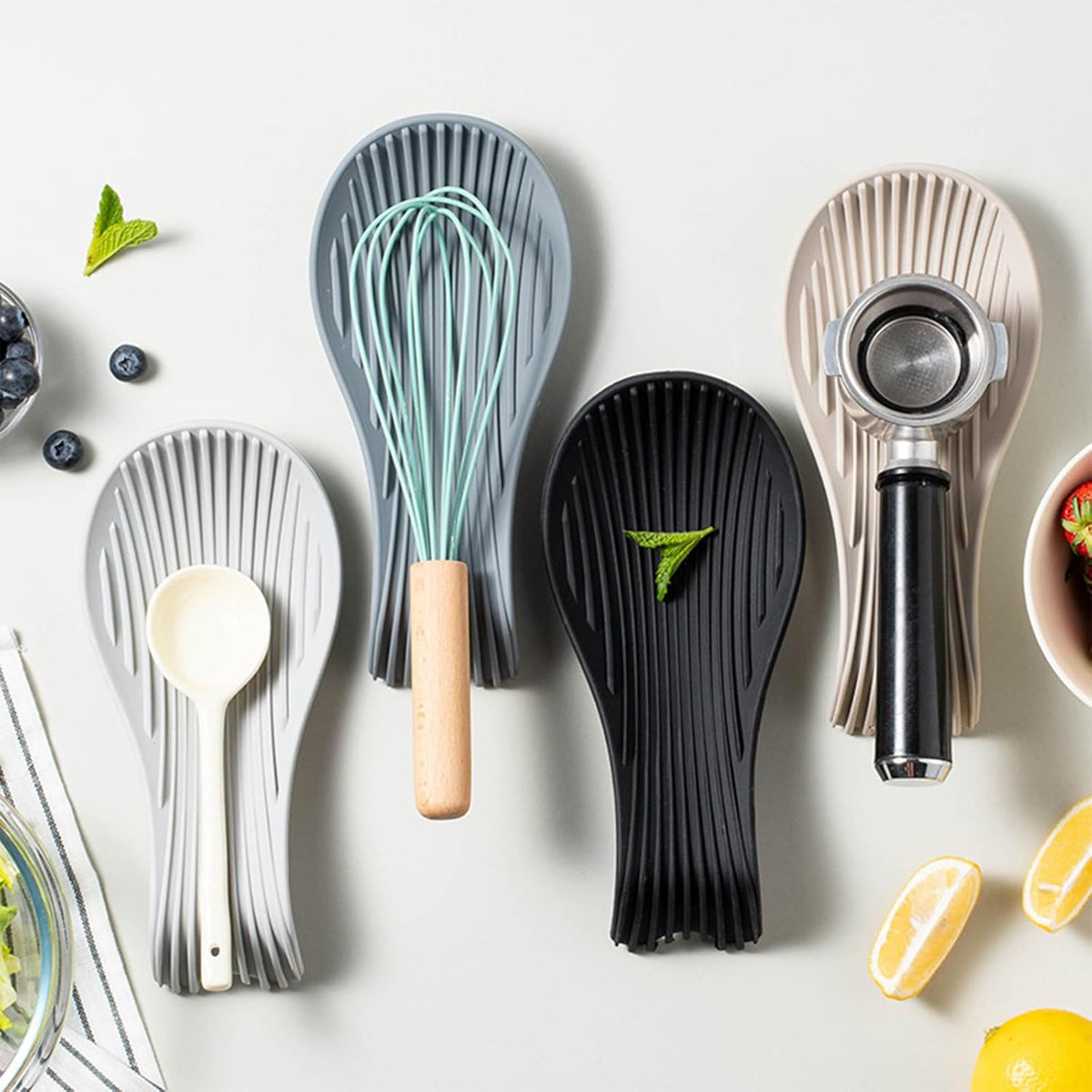 Stove Top Spoon Rest - Heat Resistant & Non-Slip Silicone Holder for Kitchen Counter, Large Cooking Utensil Res (Light Gray)