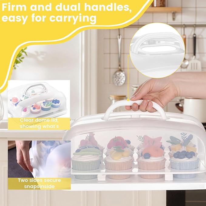 VGOODALL Cake Carrier, 12 Capacity Large Cupcake Holder, 3-in-1 Rectangular Cake Containers for Pies Muffin Candies Fruits Snacks, Dessert Storage Box for Parties, Picnics, Baking(14×10.8×5)