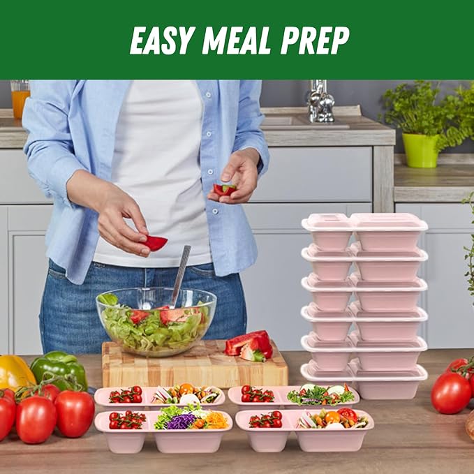 Dealusy 50 Pack (100-Piece) 28 oz Meal Prep Containers Reusable with Lids 2-Compartment, Sturdy Leakproof Food Safe, Microwave Freezer Dishwasher Safe, To Go Take Out Plastic Food Storage, Pink