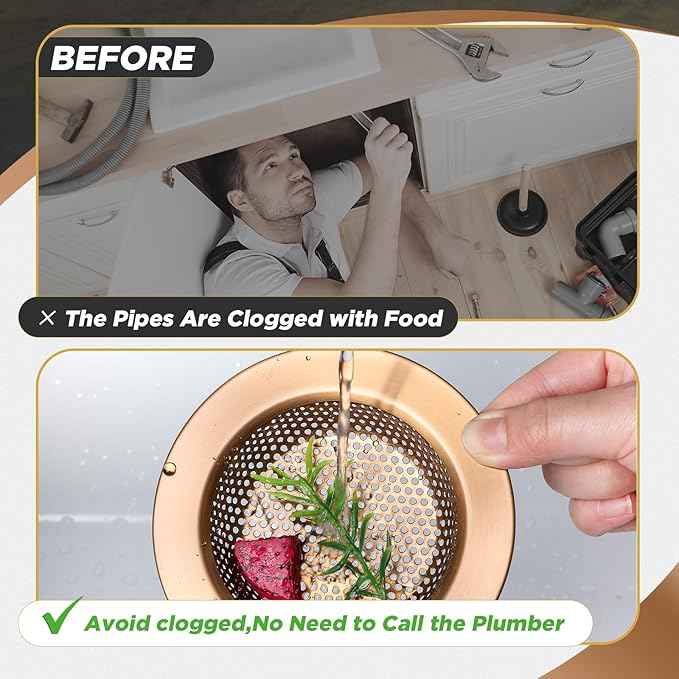 Mudder 3 Pcs Kitchen Sink Drain Strainer and Stopper Stainless Steel Garbage Disposal Plug with Handle Universal Anti-Clogging Kitchen Sink Filter Sieve Basket Strainer (Champagne Bronze)