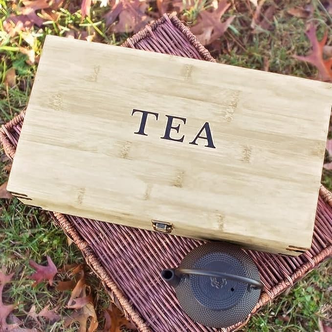 Large Wooden Tea Organizer Box, Big 14" Pine Storage Chest | 8-Slot Tall, Adjustable Shelves | 100% Handmade Craft Eco-Friendly Natural Décor
