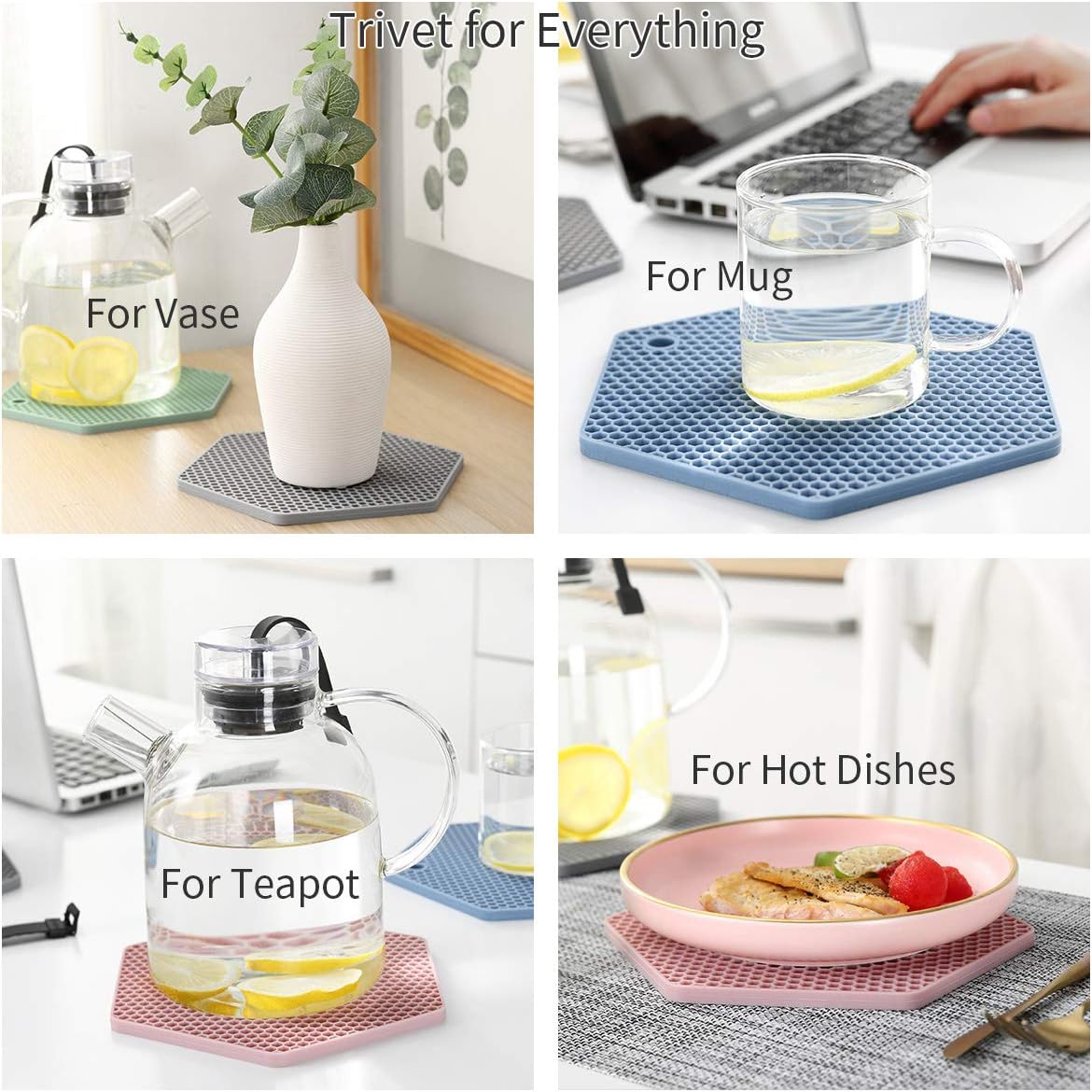 4 Packed Silicone Trivet Mats - DIY Different Size Dish Drying Mat, Hot Pot Holder for Pots & Pans, Non-Slip & Heat Resistant Kitchen Hot Pads for Countertops & Table, Navy Blue