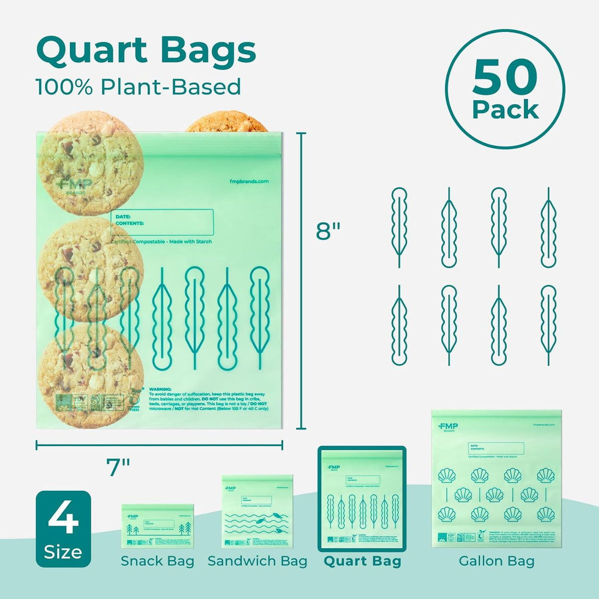 Fit Meal Prep 50 Pack 100% Compostable Food Storage Bags, 7 x 8" Resealable Freezer Bags Quart Size for Meat, Fruits, Plant-Based Sandwich Bag, ASTM D6400, US BPI & EU OK Compost Certified