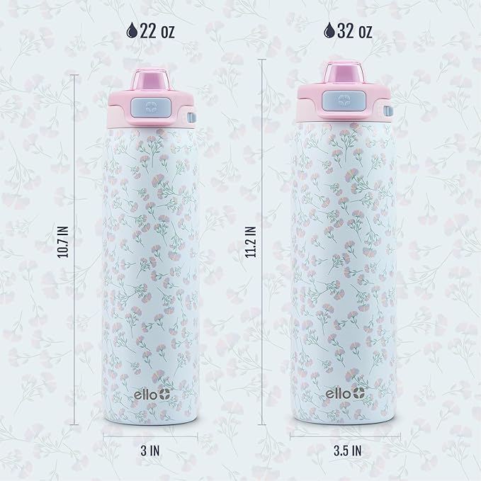 Ello Pop & Fill 32oz Stainless Steel Water Bottle with QuickFill Technology, Double Walled and Vacuum Insulated Metal, Leak Proof Locking Lid, Straw and Chug, Reusable, BPA Free, Serene Bloom