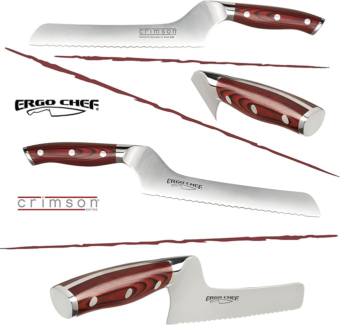 Ergo Chef Crimson Series 8-Inch Serrated Offset Bread & Deli Knife - High-Carbon German X50CrMoV15 Stainless Steel Blade - Durable G10 Fiberglass Handle