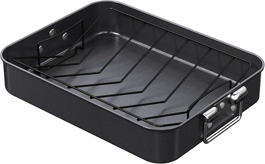 CHEFMADE Roasting Pan, 16-Inch Non-Stick Turkey Roaster Lasagna Pan with Rack - Rectangular Deep Dish Chicken Roaster Pan 16.3" x 12.52" x 3.11"(Black)
