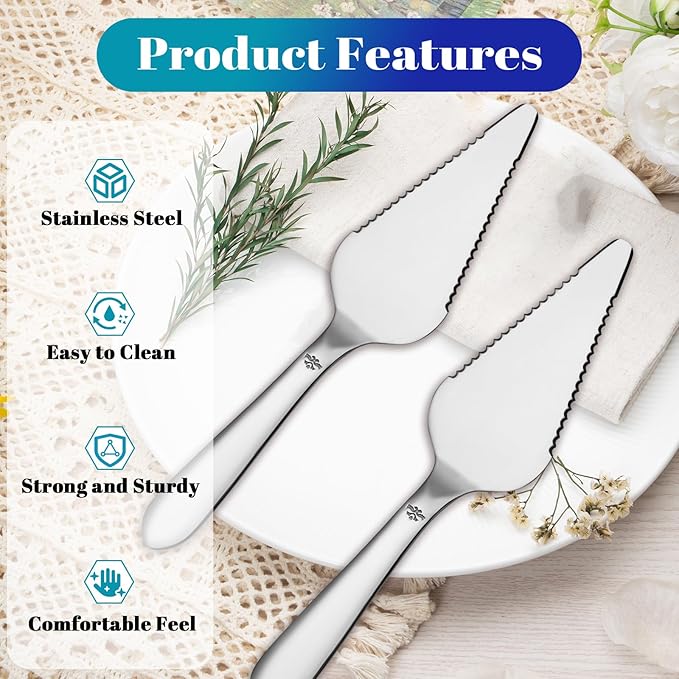 Eisinly Cake Pie Server Set for Wedding, Elegant Pizza Slicer Server Set with Stainless Steel Big Serrated Edges, Cake Cutter Pie Spatula for Birthday Anniversary, 2 Pcs, Silver
