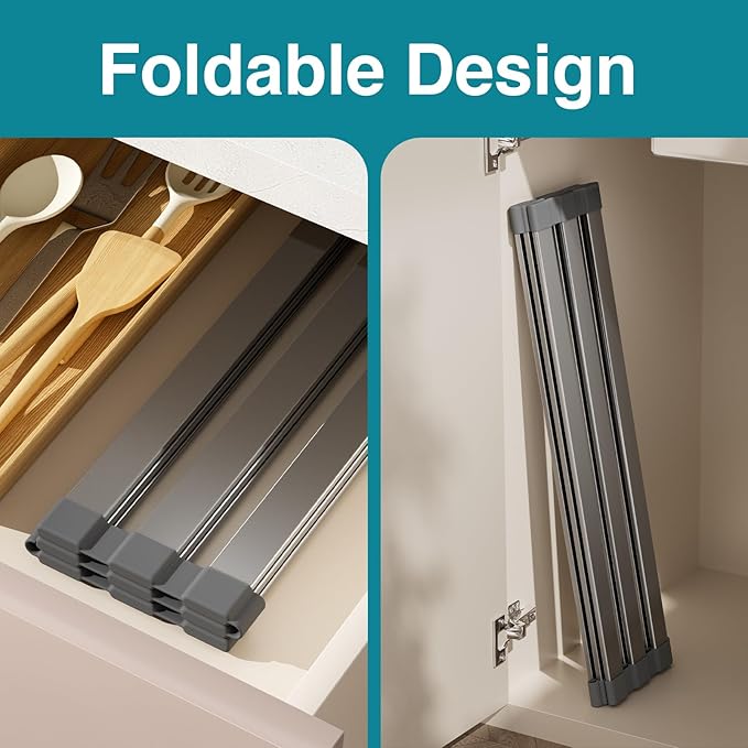 COOL-ANGLE Aluminum Roll Up Dish Drying Rack Over The Sink, 17.7" x 13.4" Rust-Proof Foldable Dish Drainer Mat, Heat Resistant Trivet & Kitchen Sink Cover, Fits Sinks up to 16.8" Wide, Matte Gray