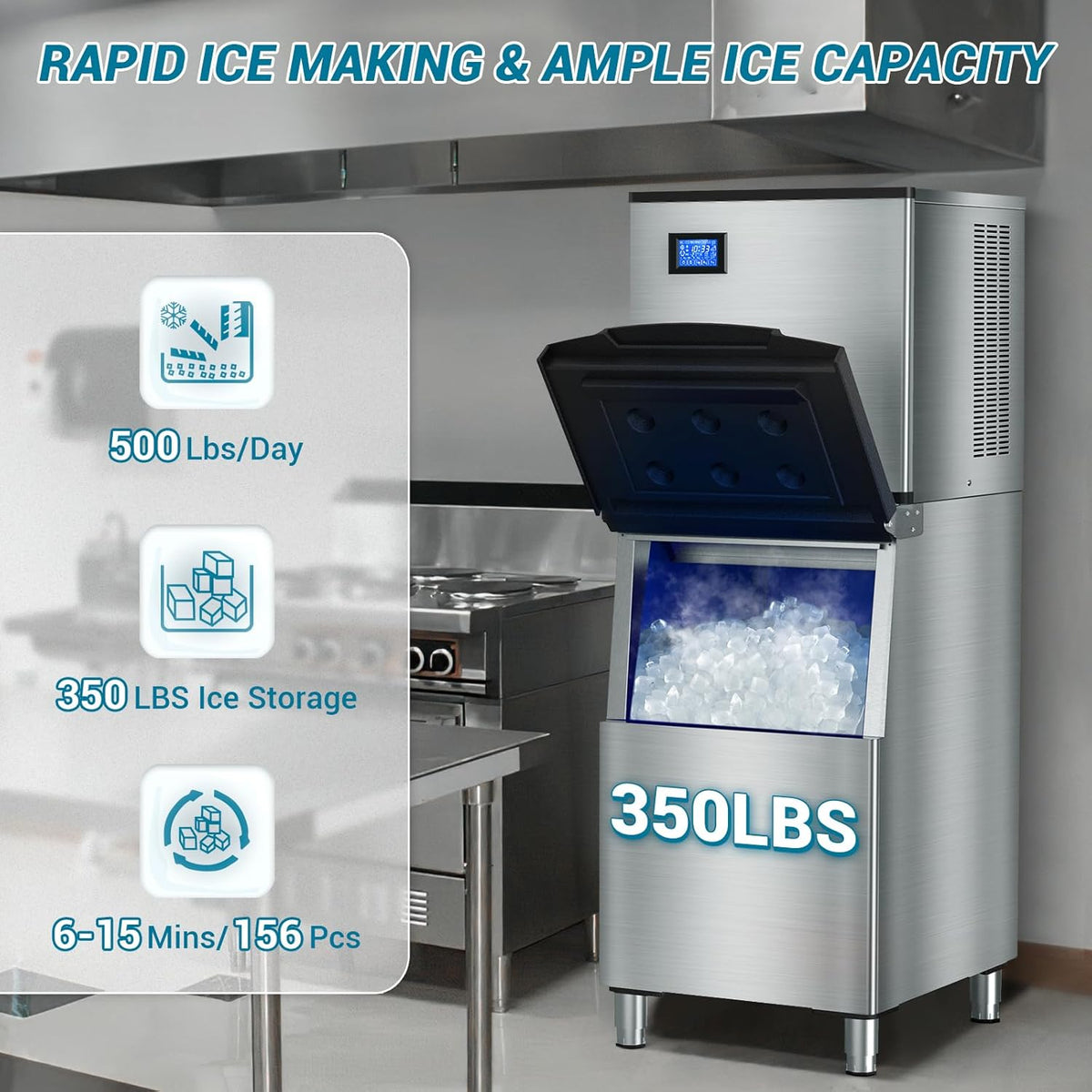 High-Performance Commercial Ice Maker Machine: 500lbs/24H Production, 350lbs Storage, 156 Ice Cubes in 6-15 Mins - Stainless Steel Industrial Ice Maker for Restaurant, Bar, Cafe, Commercial Use