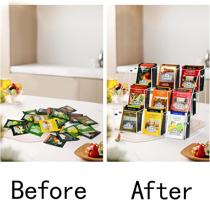 Tea Bag Organizer Holder, Acrylic Tea Packets Storage Box Container Display Stand Rack for Counter Cabinet Countertop Kitchen Office, 3 Tier