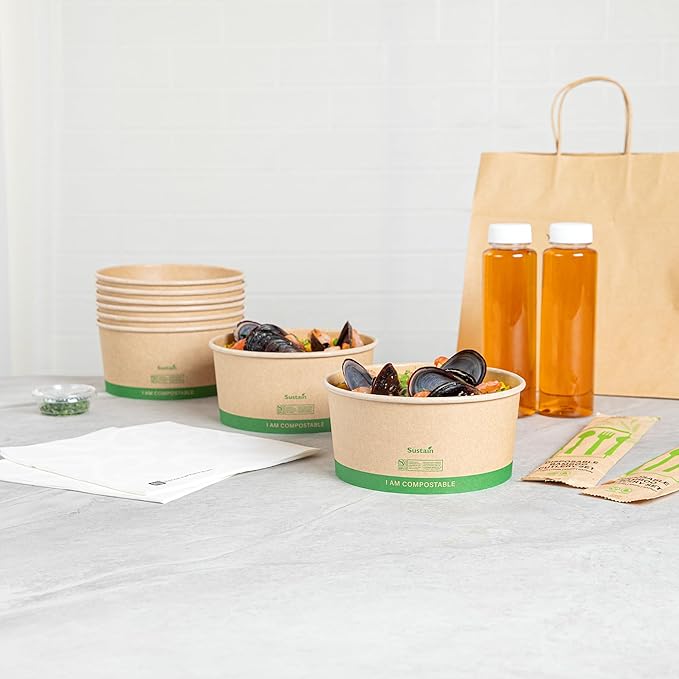 Restaurantware Paper Food Containers 50 Pack Of 44 oz Disposable Round Kraft Salad Bowls Sustainable Stackable Greaseproof Meal Prep Take Out Containers For Ice Creams, Soups, Snacks And Desserts