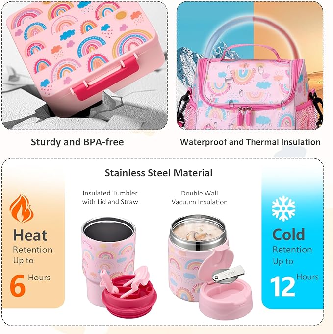 Pawtong Lunch Box Set with Bento Box Container, 17OZ Stainless Steel Food Soup Thermo, Kids Water Bottle & Portable Insulated Lunch Bag – Leakproof, Hot/Cold Retention for School, Travel(Pink-Rainbow)