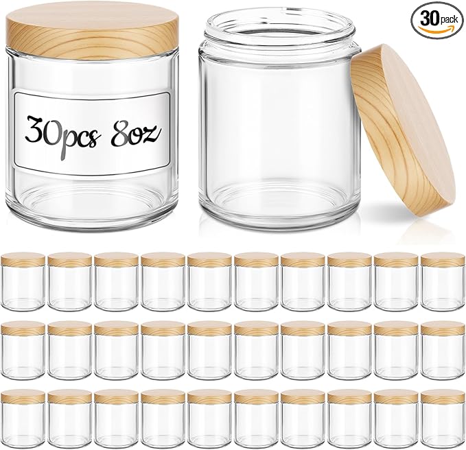 8 oz Glass Jars with Lids, 30 Pack Clear Small Glass Jars with Woodgrain Lids Leakproof Round Airtight Empty Cosmetic Travel Containers for Lotions Powders and Candle Making