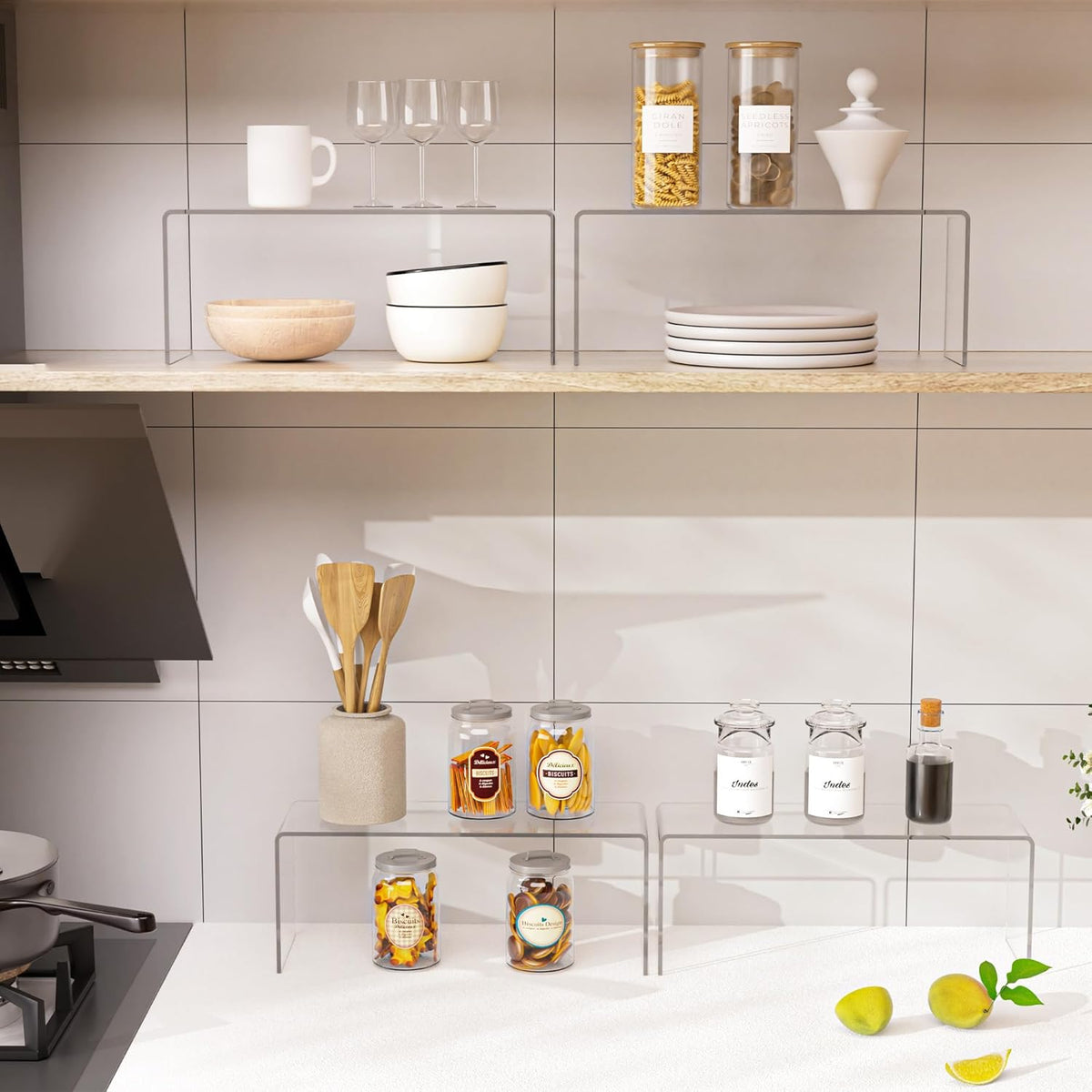 8 Packs Cabinet Organizer Shelf, Acrylic kitchen Cabinet Shelves, Shelf Riser for Dishes, Spices, Soda Cans and Bottles（12.4 x 4 x 4.6 inch）