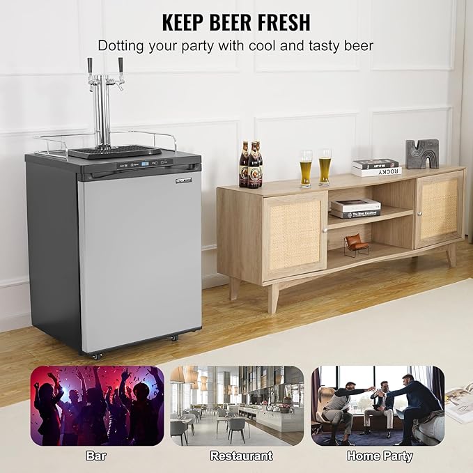 VEVOR Beer Kegerator, Dual Tap Draft Beer Dispenser, Full Size Keg Refrigerator With Shelf, CO2 Tank(No Gas), Drip Tray & Rail, 23°F- 82.4°F Temperature Control, 162L, Silver