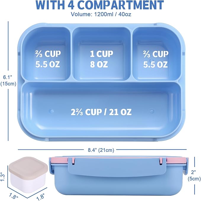 shell and turtle Bento Box Adult Lunch Box, Lunch Containers for Kids Girls Boys with 4 Compartments, Lunchable Food Container with Utensils, Sauce Jar, Muffin Liners, 40 Oz/5 Cup, Blue Pink
