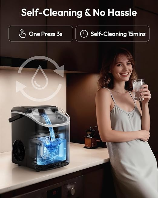EUHOMY Nugget Ice Maker Countertop with Handle, Ready in 6 Mins, 38lbs/Day, Removable Top Cover, Self-Cleaning, Portable Chewable Ice Maker with Basket, Scoop, for Home/RV/Party/Camping (Black)