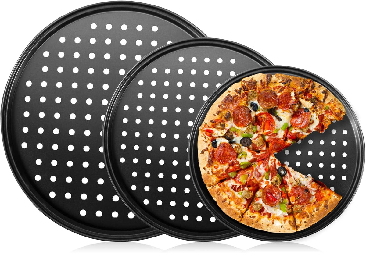 Baking Steel Pizza Pan with Holes, Round Pizza Pan for Oven, 9 Inch, 11 Inch, 12 Inch Bakeware Pizza Tray, Nonstick Baking Supplies Home Kitchen Steel Crisper Pizza Pan Set (3 Pcs)
