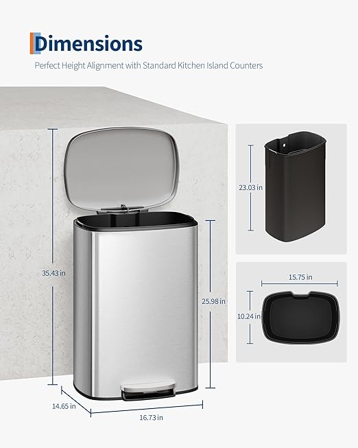 Garvee Step-on Stainless Steel Kitchen Trash Can - 13 Gal / 50 L Large Capacity, Rustproof Metal Garbage Bin with Soft Close Lid, Removable Inner Bucket & Rear Handle