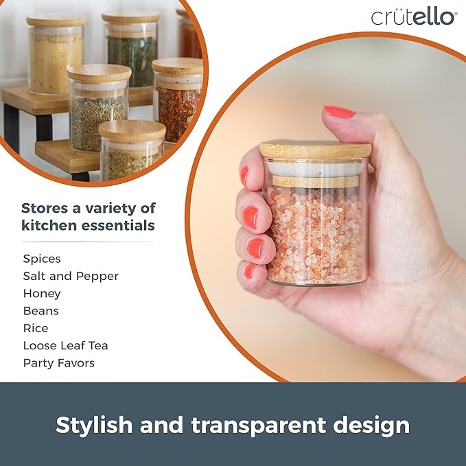 Crutello 20 Pack 2.5 Oz Mini Spice Jars with Bamboo Lids, Dishwasher Safe Jars for Spices, Honey, Beans, Rice, Party Favors | Crutello is a Family-Owned American Brand