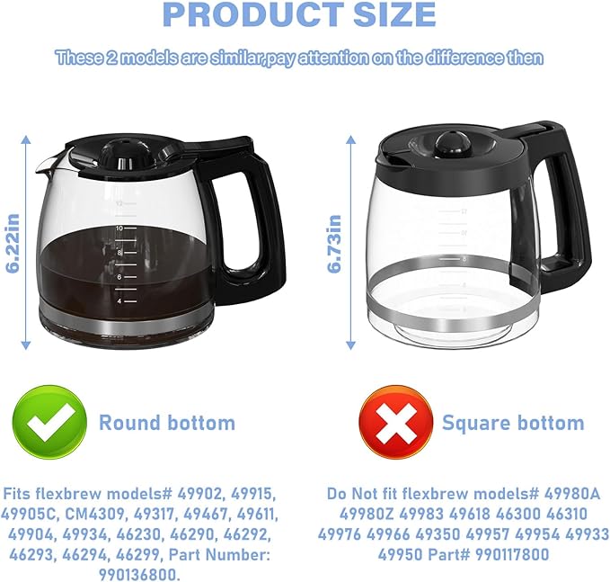 12 Cup Coffee Maker Carafe Replacement Pot Compatible with Hamilton Beach Flexbrew Models: 49902, 49915, 49905C, CM4309, 49317, 49467, 49611, 49904, 49934, 46230, 46290, 46293, Part Number: 990136800