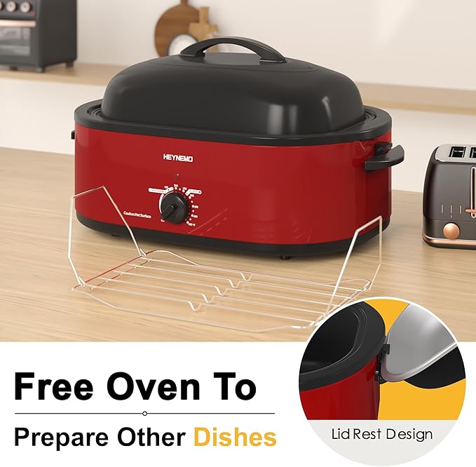 18 Quart Roaster Oven with Self-Basting Lid, Large Electric Turkey Roaster Oven with Defrost & Warm Function, Adjustable Temperature, Removable Pan & Rack, Stainless Steel, Red