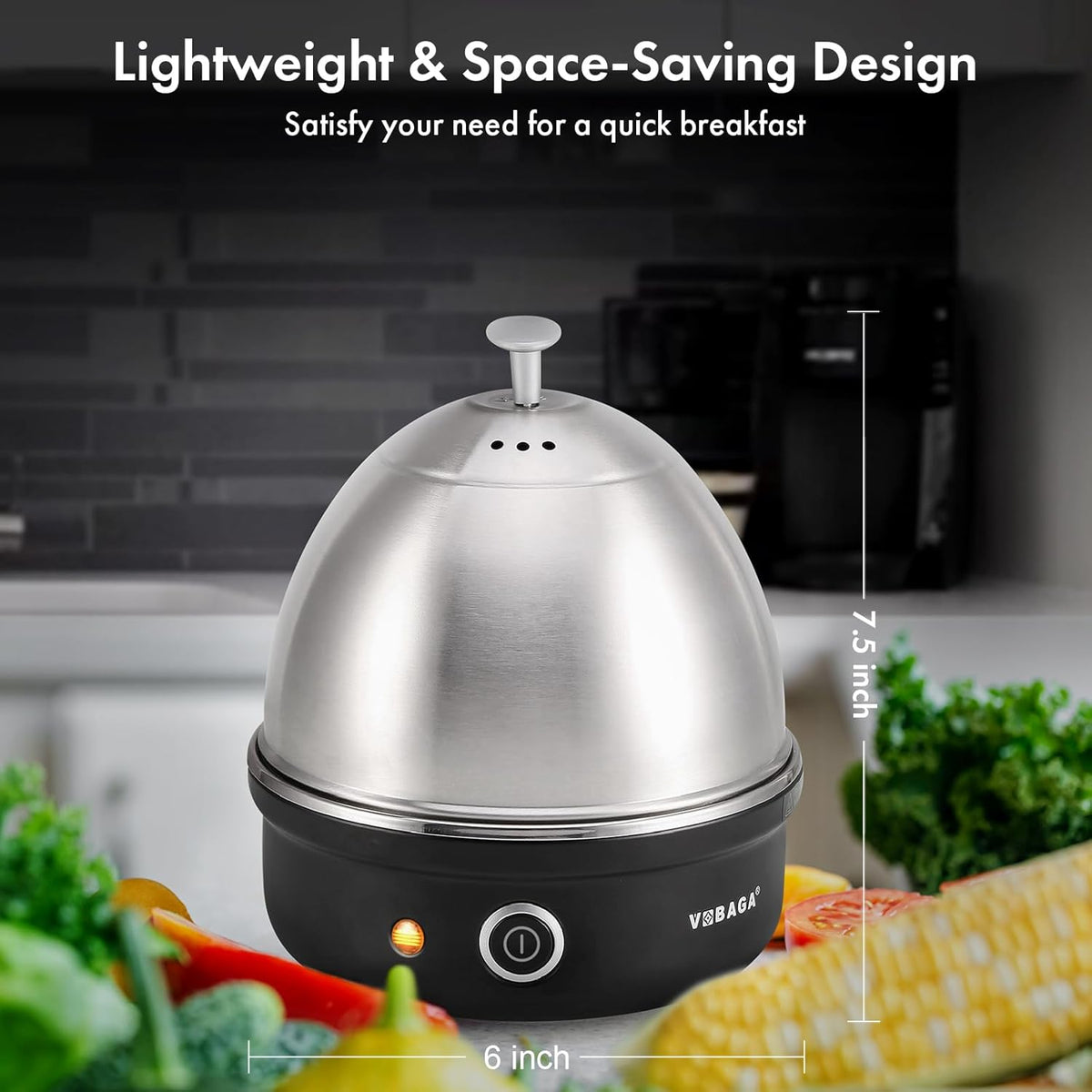 VOBAGA Electric Egg Cooker, Rapid Egg Boiler with Auto Shut Off for Soft, Medium, Hard Boiled, Poached, Steamed Eggs, Vegetables and Dumplings, Stainless Steel Tray with 7-Egg Capacity (Black)