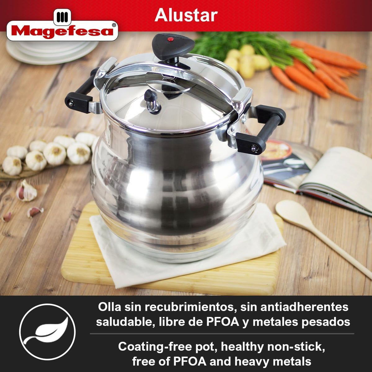 Magefesa Alustar 23.2-Quart Aluminum Pressure Cooker – Extra-Thick Construction, Thermodiffusion Base, 3 Safety Systems, Professional-Grade