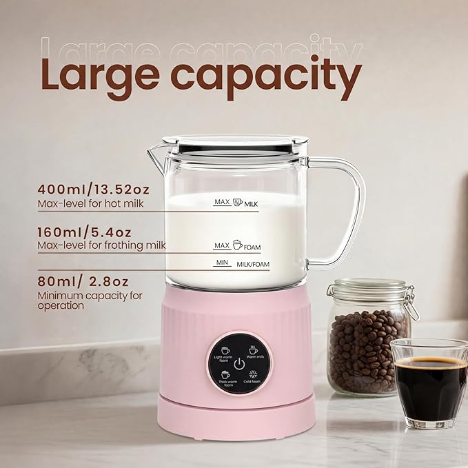 Casimhu 4-in-1 Milk Frother, Electric Milk Frother and Steamer with LED Touch Screen, Ceramic Lining Bottom, Milk Warmer 13.52oz for Lattes, Cappuccinos, and Macchiatos at Home (pink)